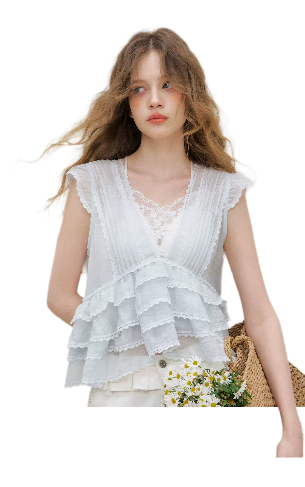 Organza Lace Ruffle Sleeveless Top