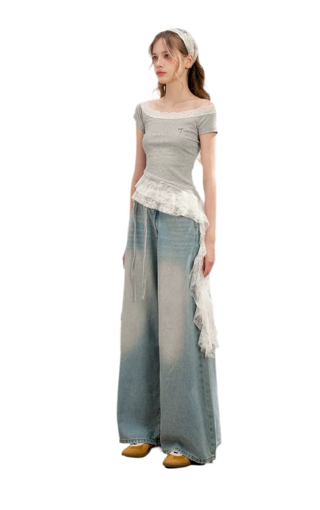Asymmetric Lace Off-Shoulder T-Shirt