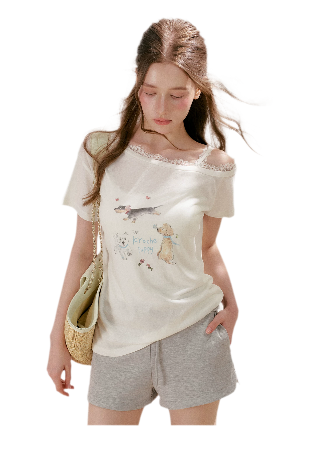 Tencel Lace Puppy Print T-Shirt