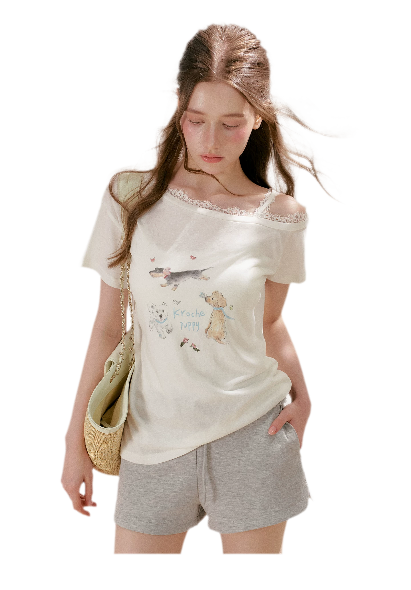Tencel Lace Puppy Print T-Shirt
