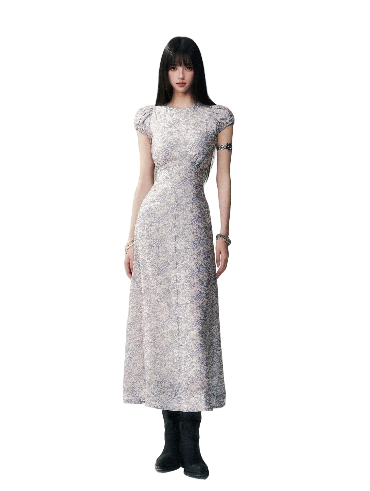 Fog Blue Floral Maxi Dress