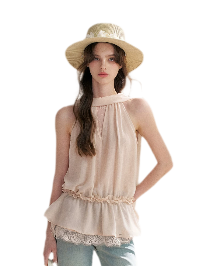 Chiffon Lace Halter V-Neck Blouse