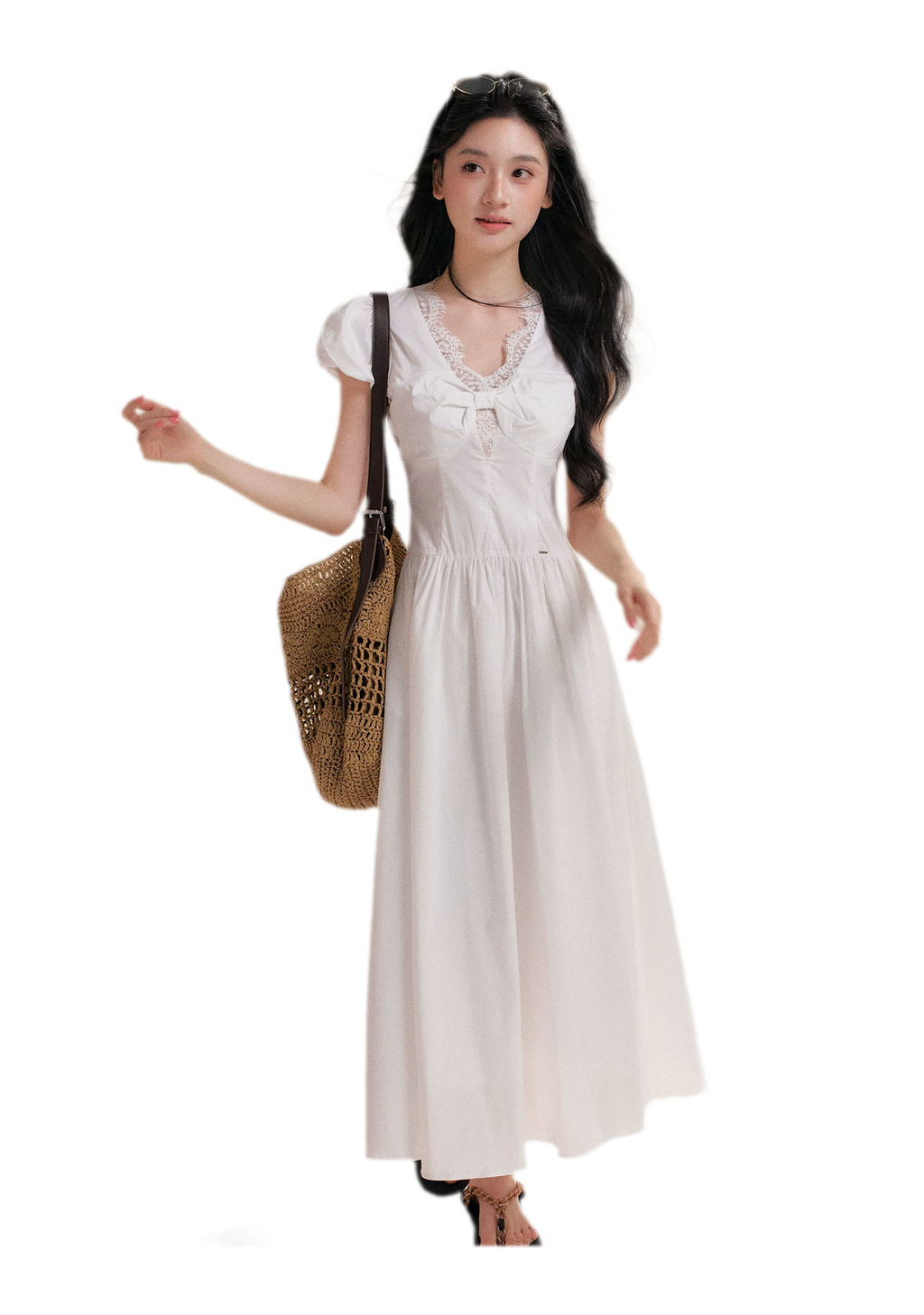 French Lace Puff Sleeve A-Line Dress