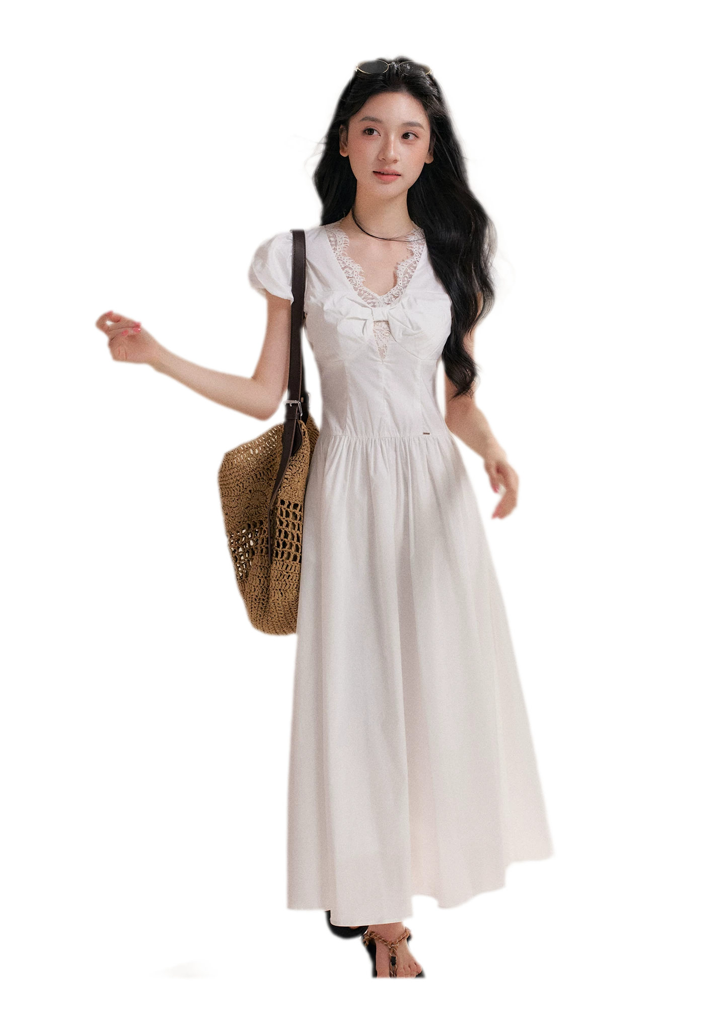 French Lace Puff Sleeve A-Line Dress