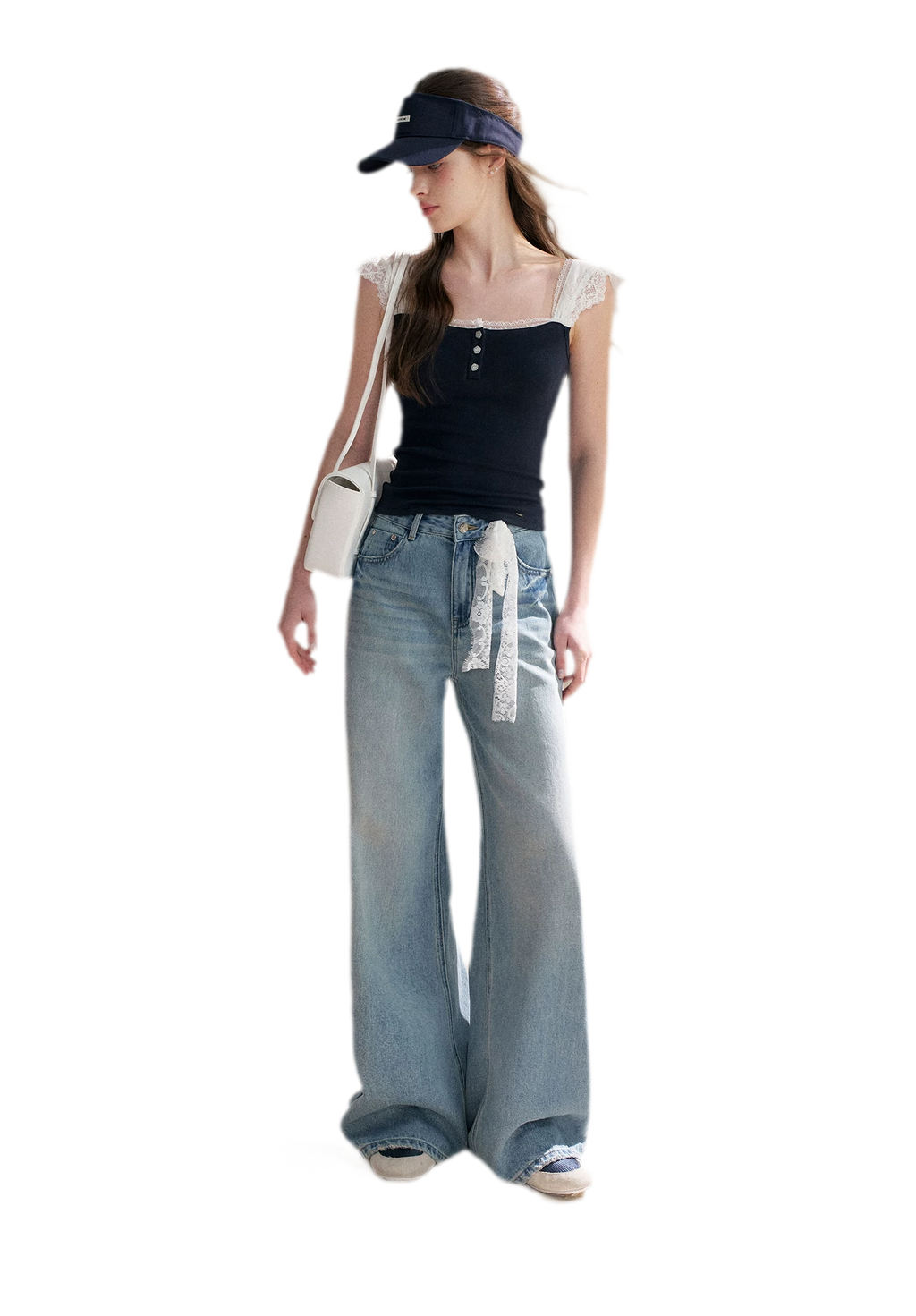 Lace Edge Wide Strap Knit T-Shirt