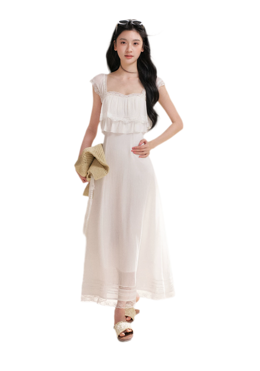 Lace Ruffle Waist Long Dress