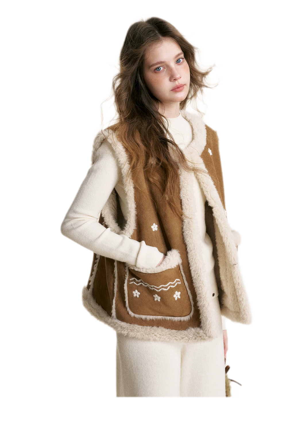 Shearling Floral Embroidered Vest