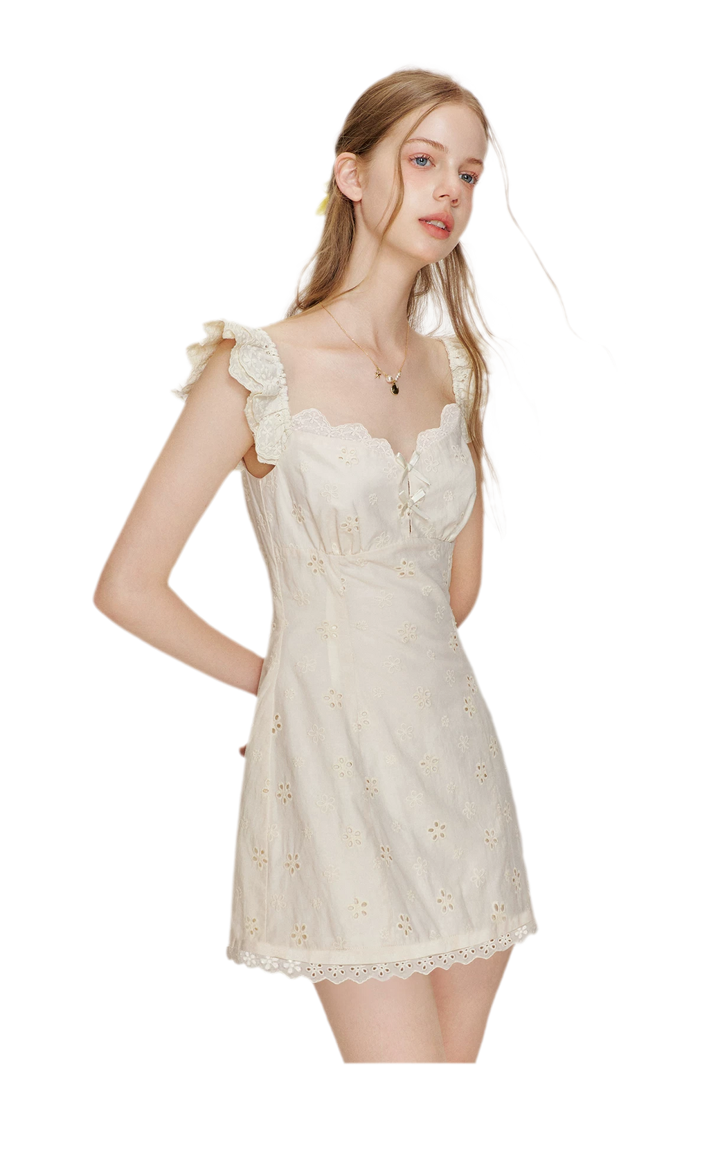Embroidered Lace Flutter Sleeve Dress
