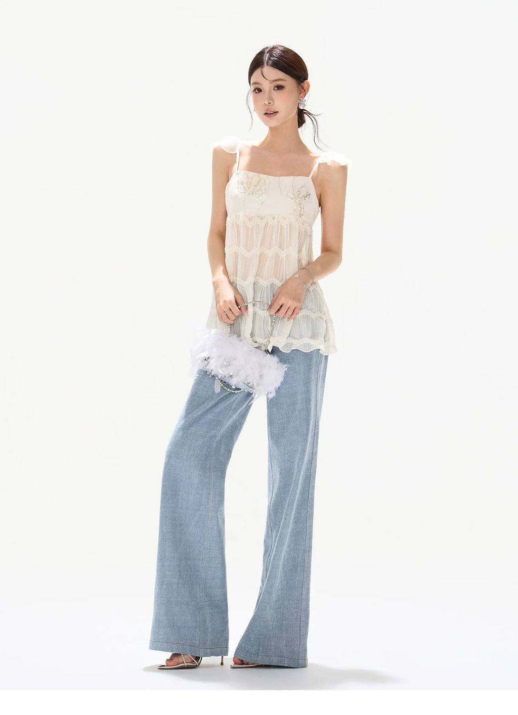 90s Vintage Washed Metal Button Wide-Leg Denim Pants