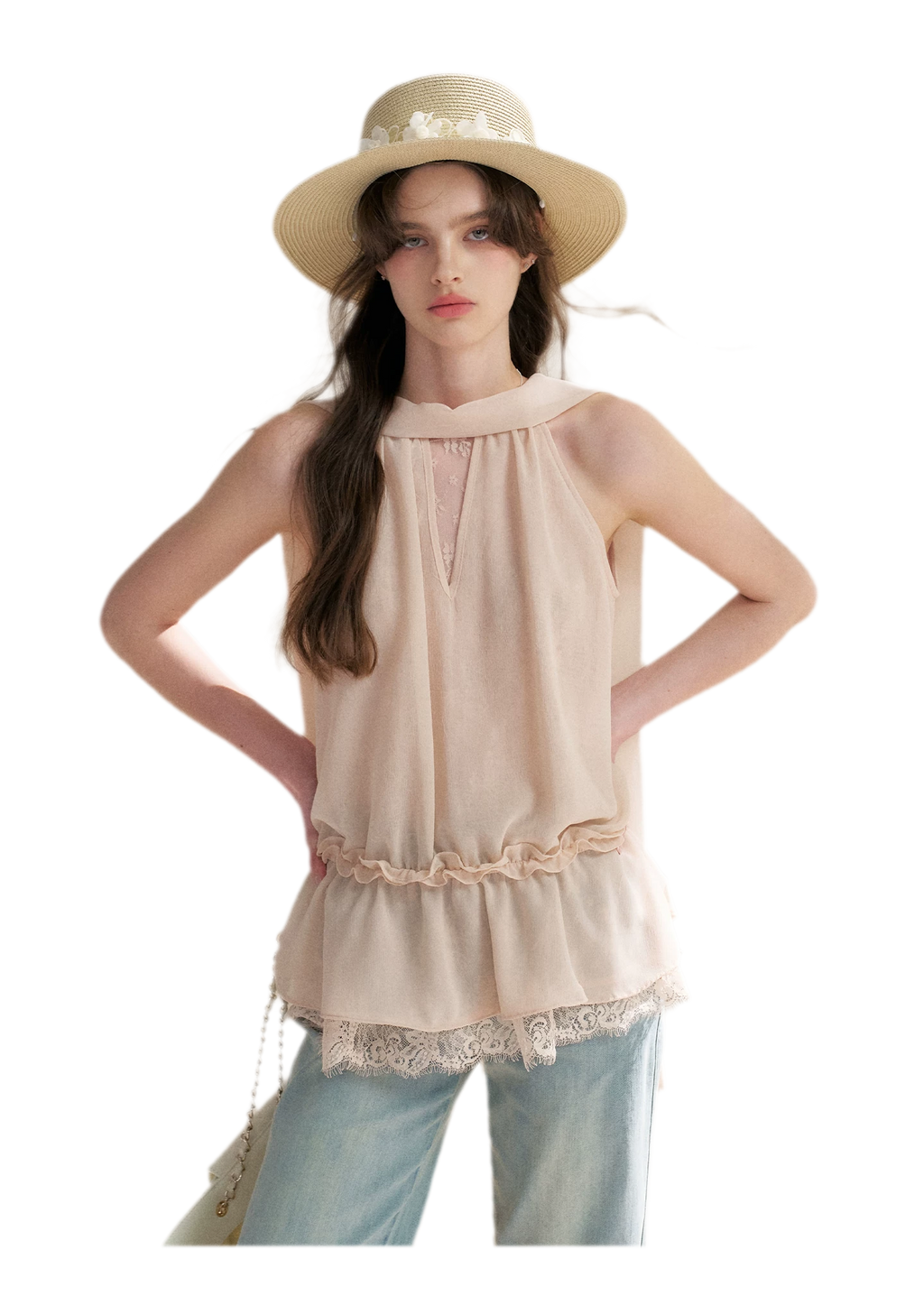Chiffon Lace Halter V-Neck Blouse