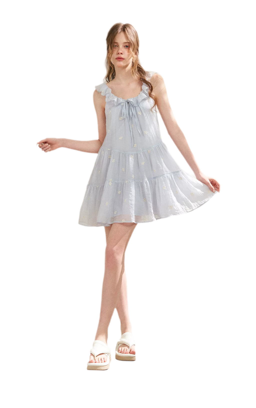Tencel Embroidered Ruffle A-line Dress