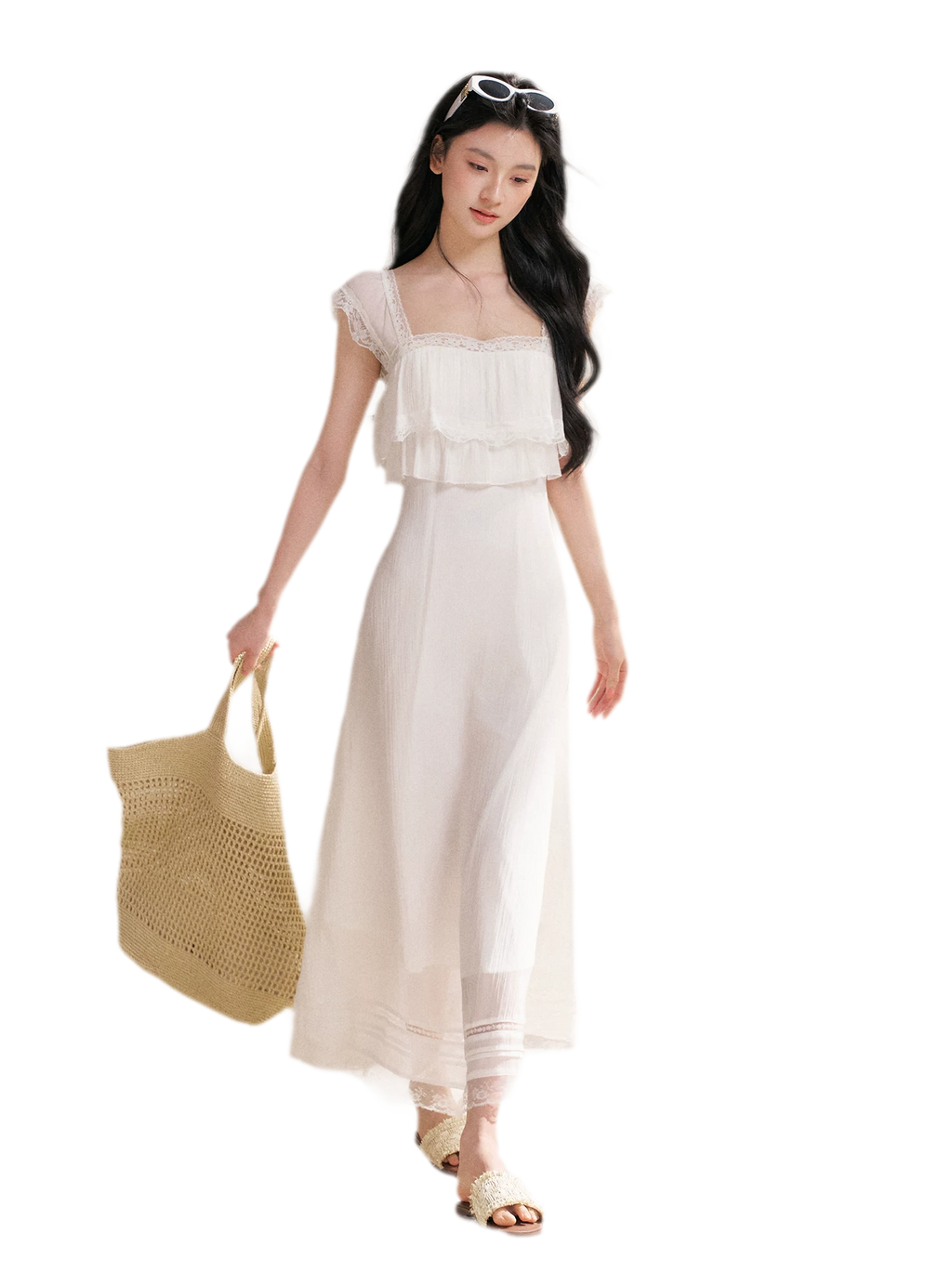 Lace Ruffle Waist Long Dress