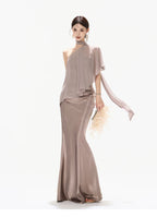 Elegant Asymmetric Chiffon Shawl Top with Built-in Bustier