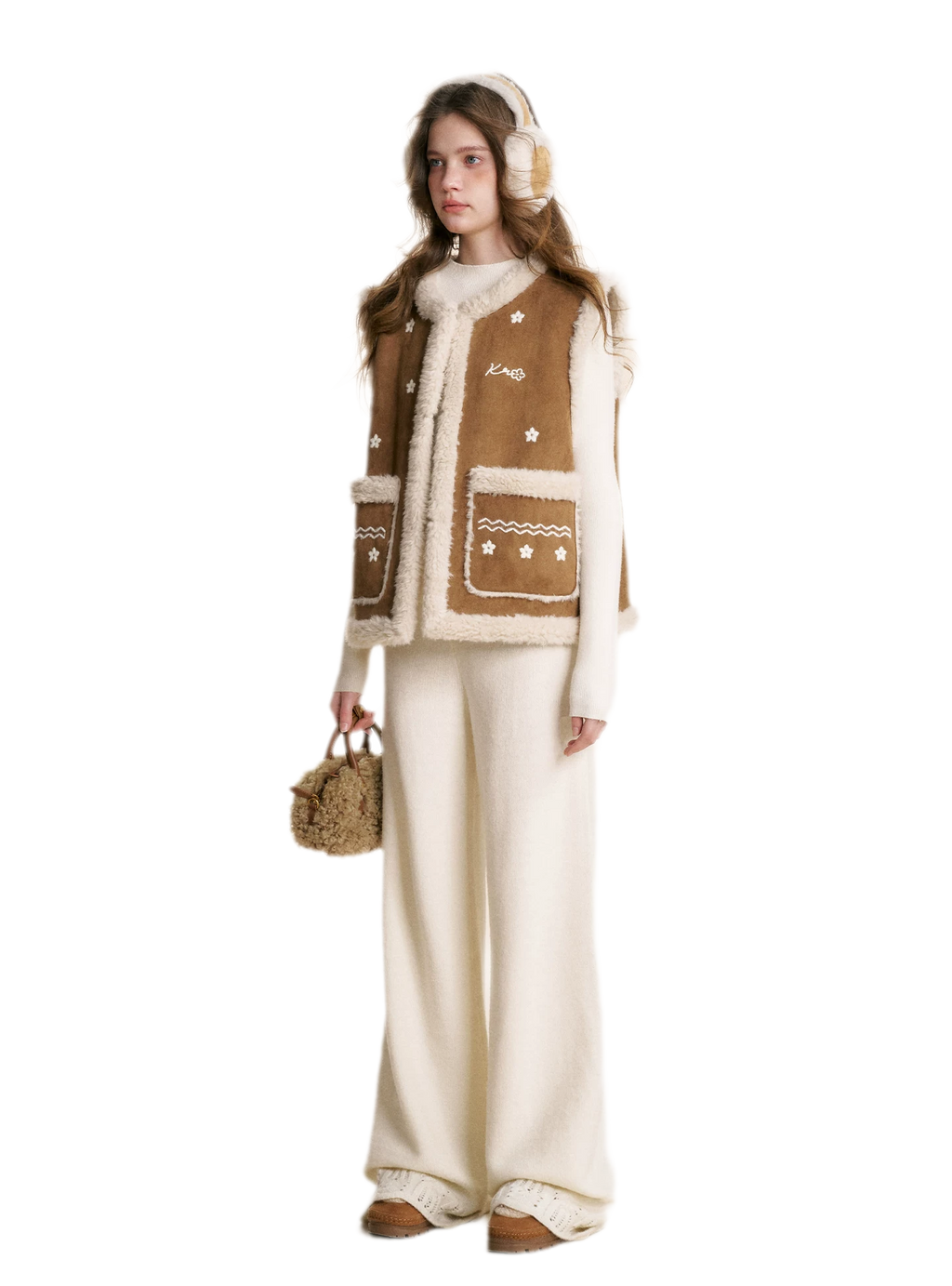 Shearling Floral Embroidered Vest