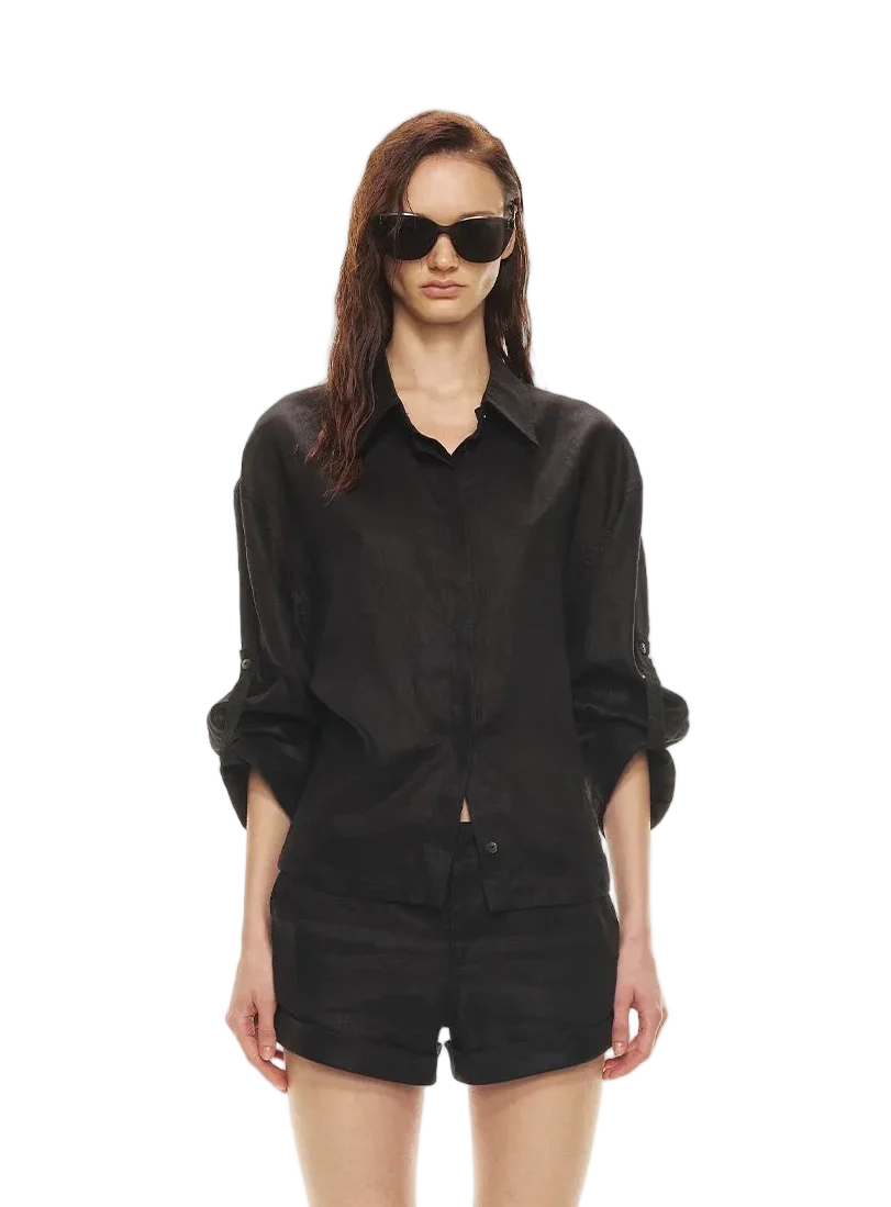 Linen Waist-Defined Shirt & Low-Rise Rolled Shorts Set