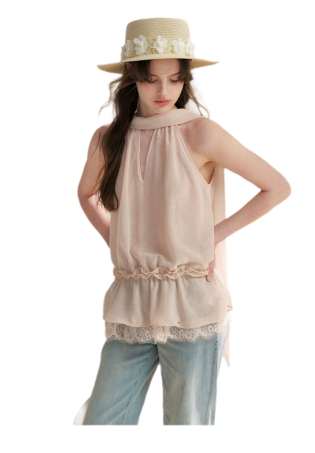 Chiffon Lace Halter V-Neck Blouse