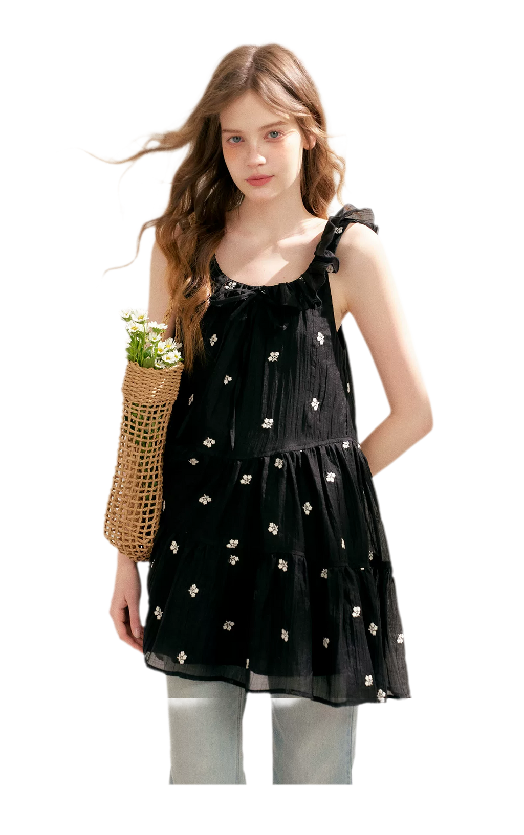Tencel Embroidered Ruffle A-line Dress
