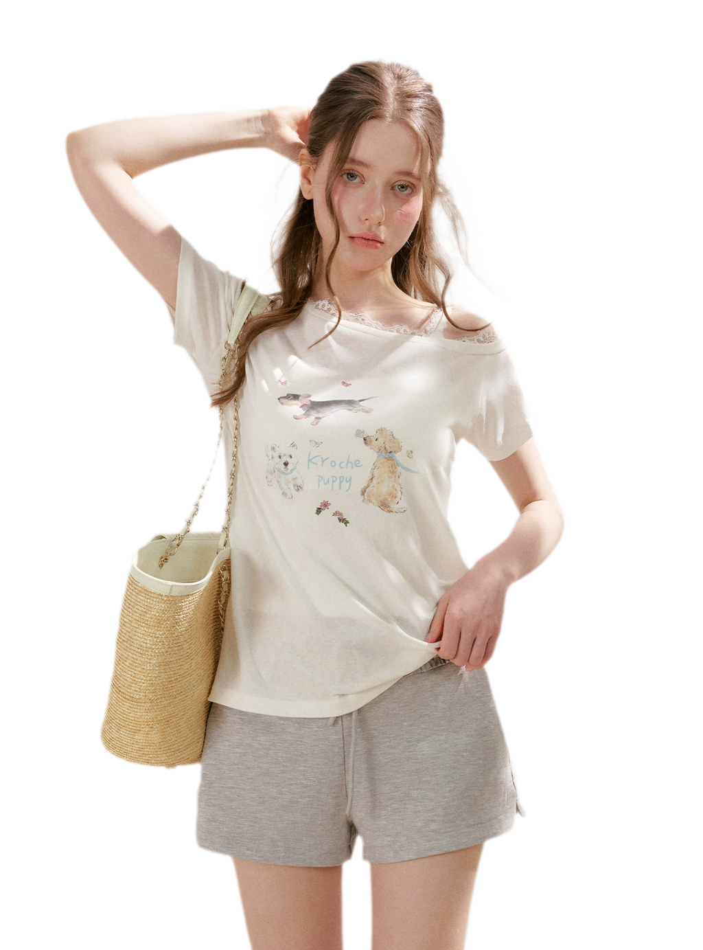 Tencel Lace Puppy Print T-Shirt
