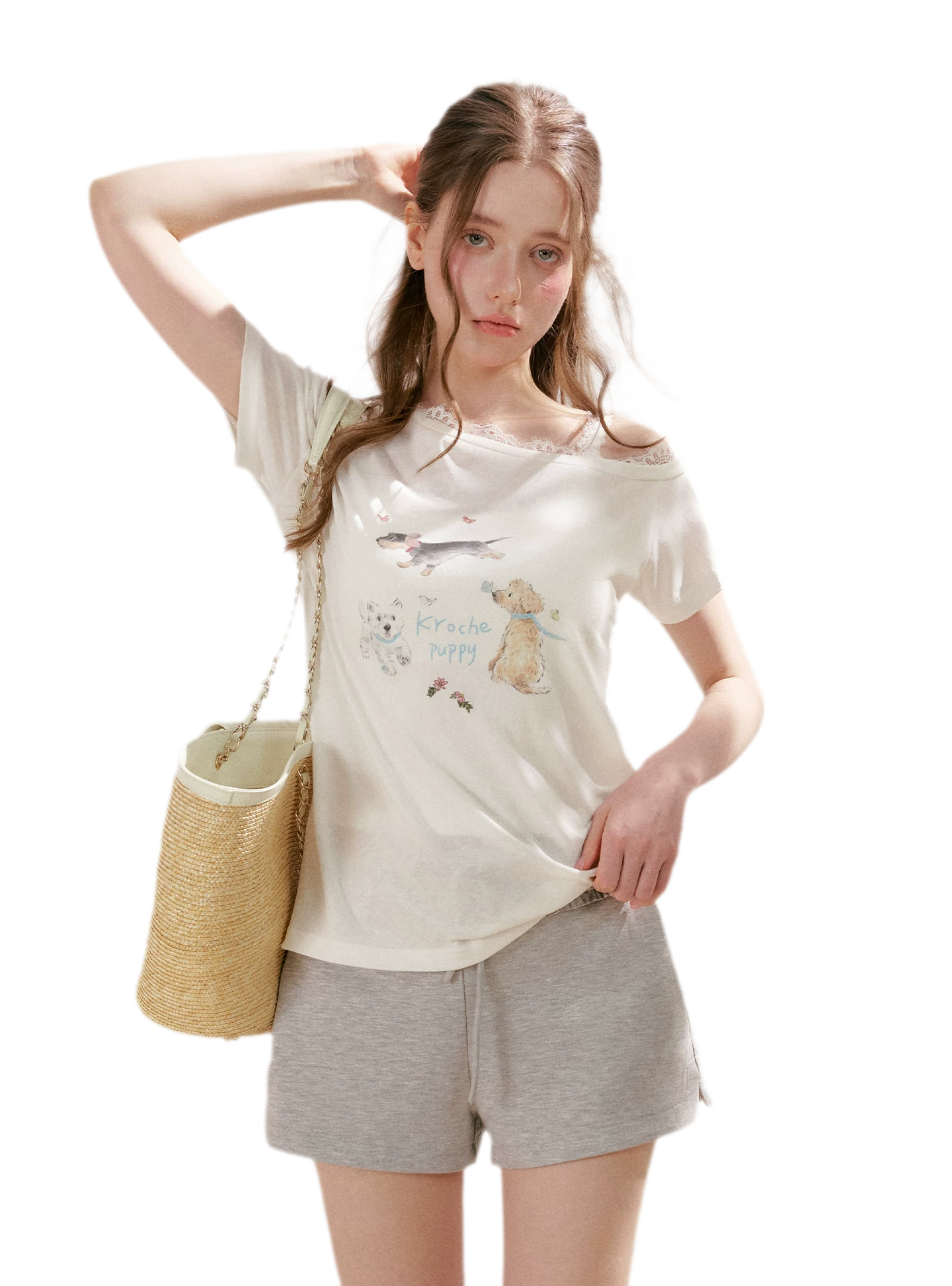 Tencel Lace Puppy Print T-Shirt