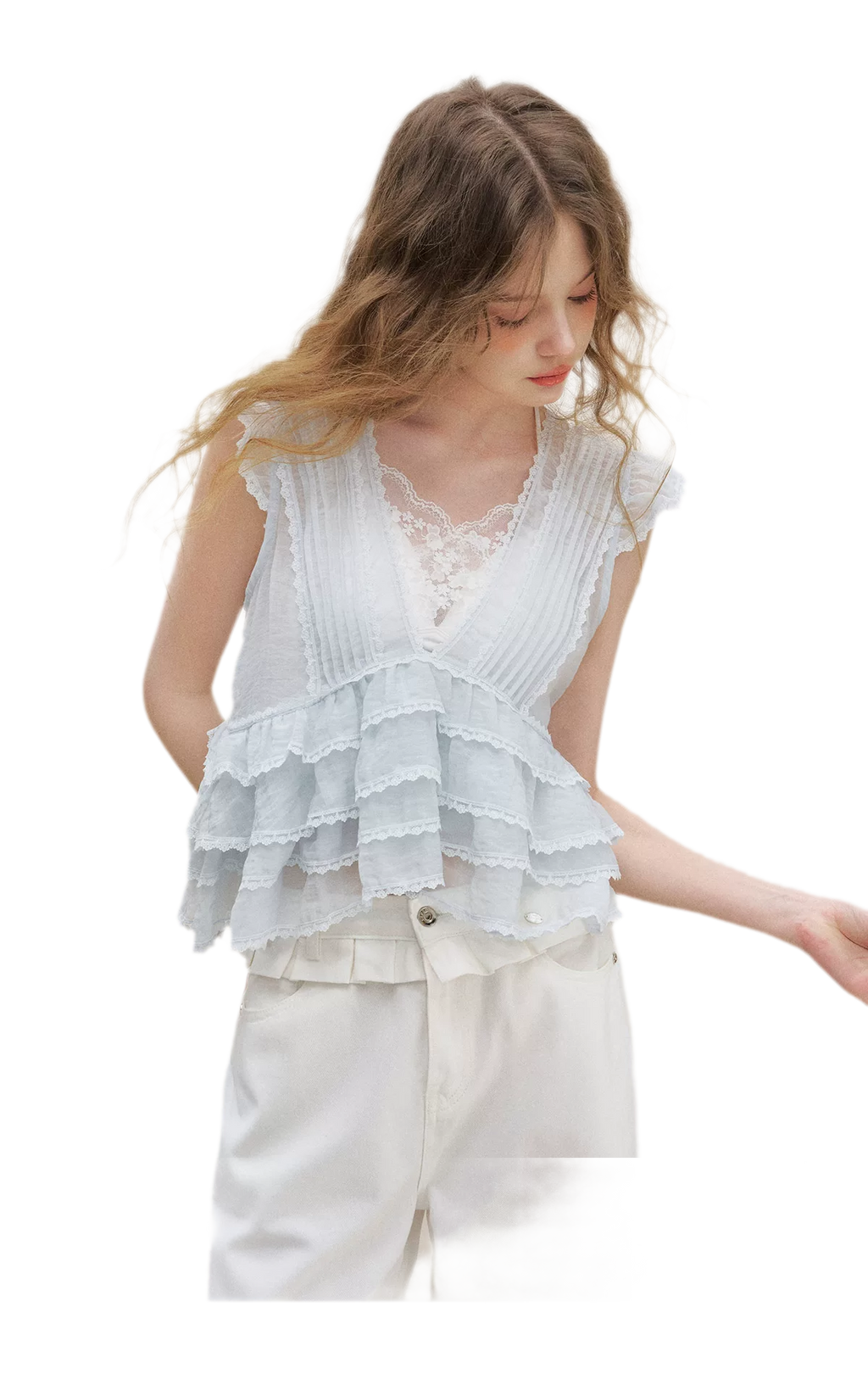Organza Lace Ruffle Sleeveless Top