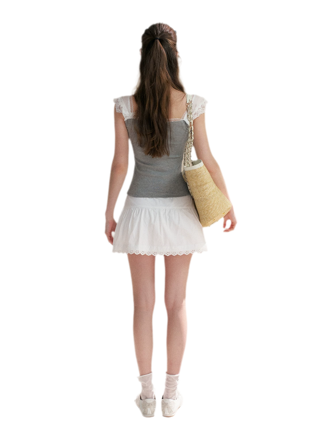 Lace Edge Wide Strap Knit T-Shirt