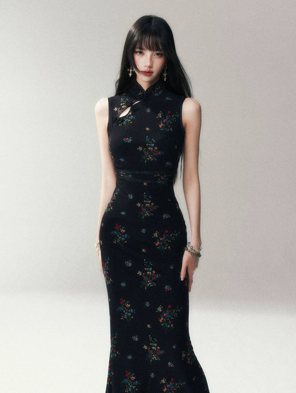 Dark Floral Mesh Qipao Dress