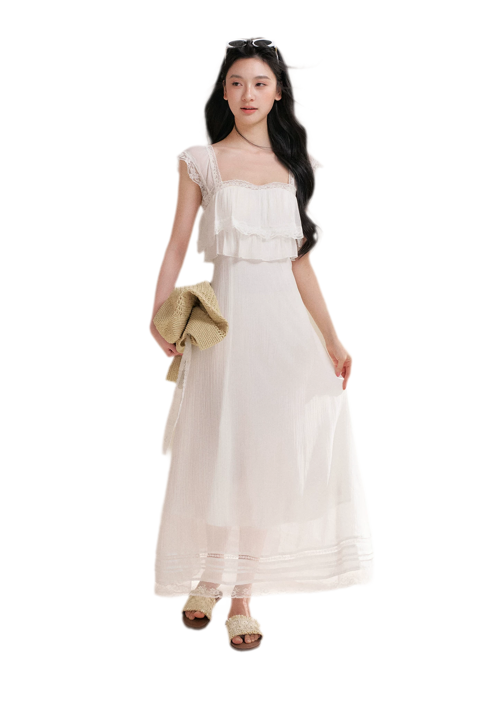 Lace Ruffle Waist Long Dress