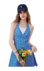 Romantic French Halter V-neck Floral Dress