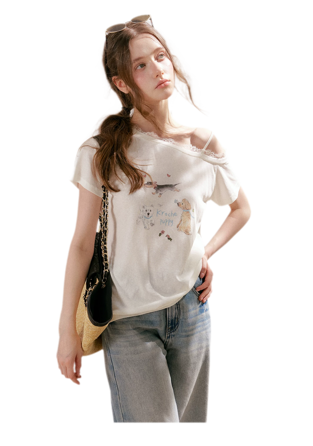 Tencel Lace Puppy Print T-Shirt