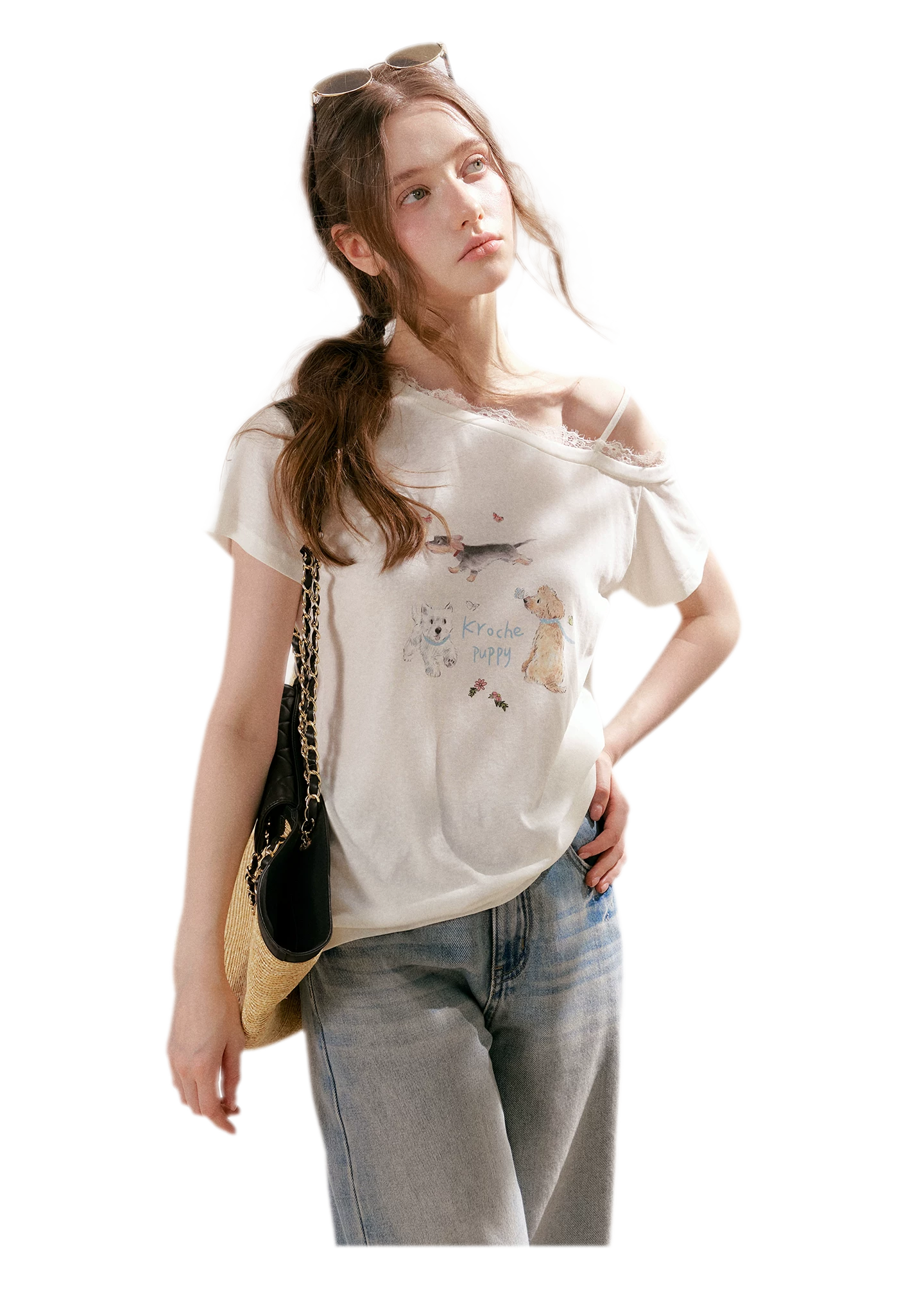 Tencel Lace Puppy Print T-Shirt