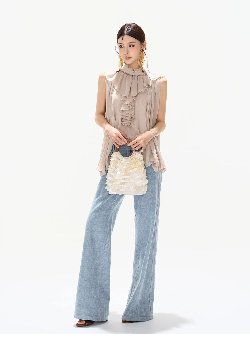 90s Vintage Washed Metal Button Wide-Leg Denim Pants