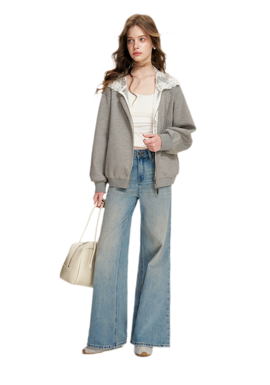 Lace-Trimmed Wide-Leg Denim Pants