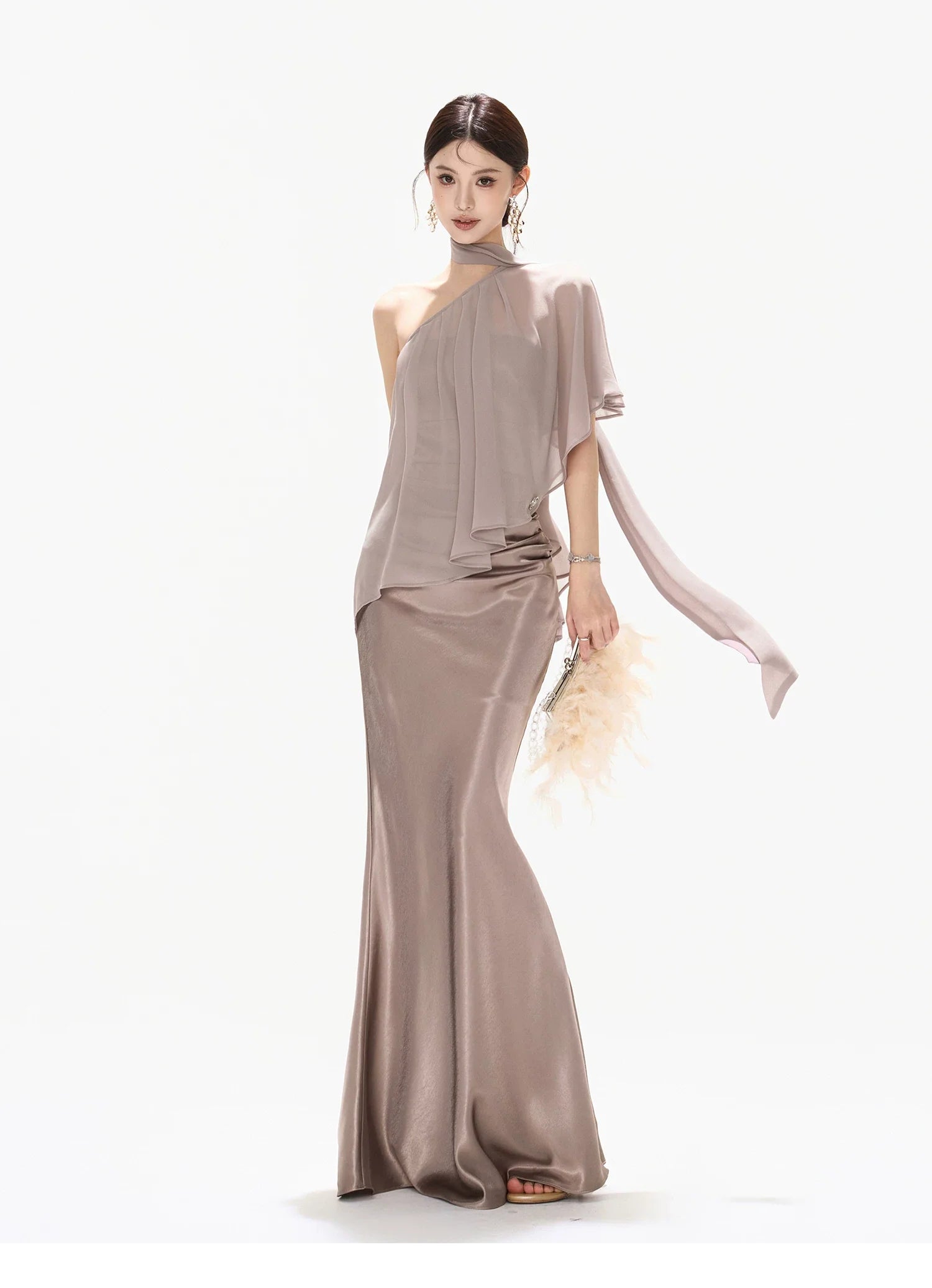 Amber Glow High-Waist Fishtail Satin Skirt