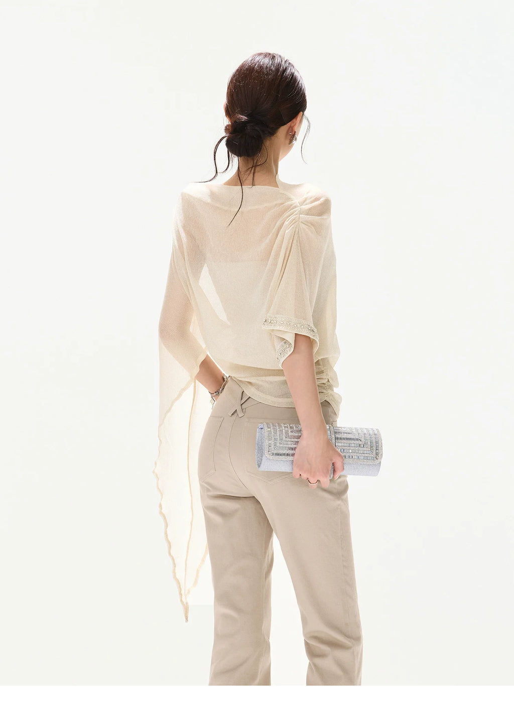 Silver Mesh Beaded Batwing Sleeve Top