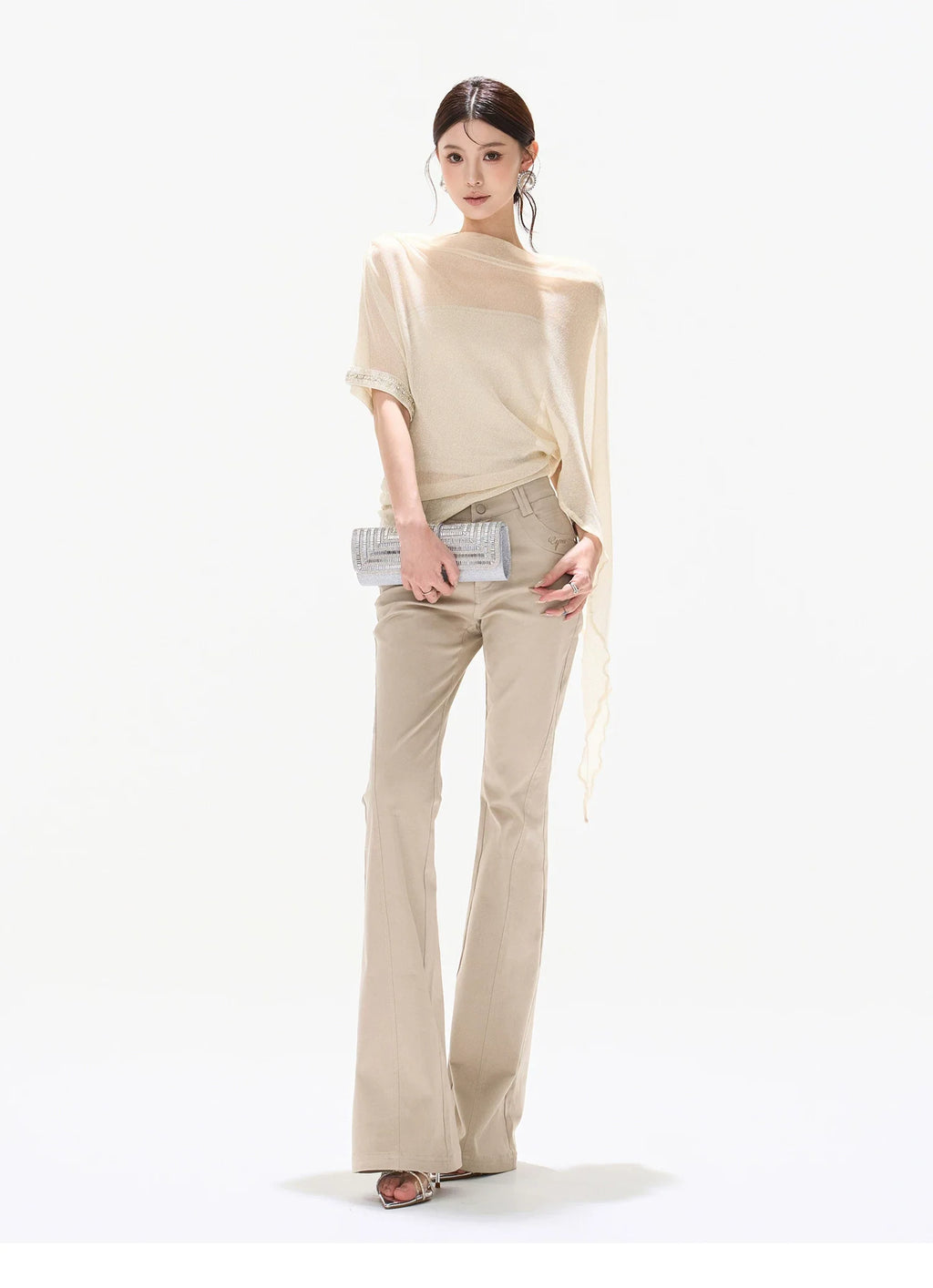 Silver Mesh Beaded Batwing Sleeve Top