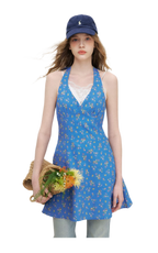 Romantic French Halter V-neck Floral Dress
