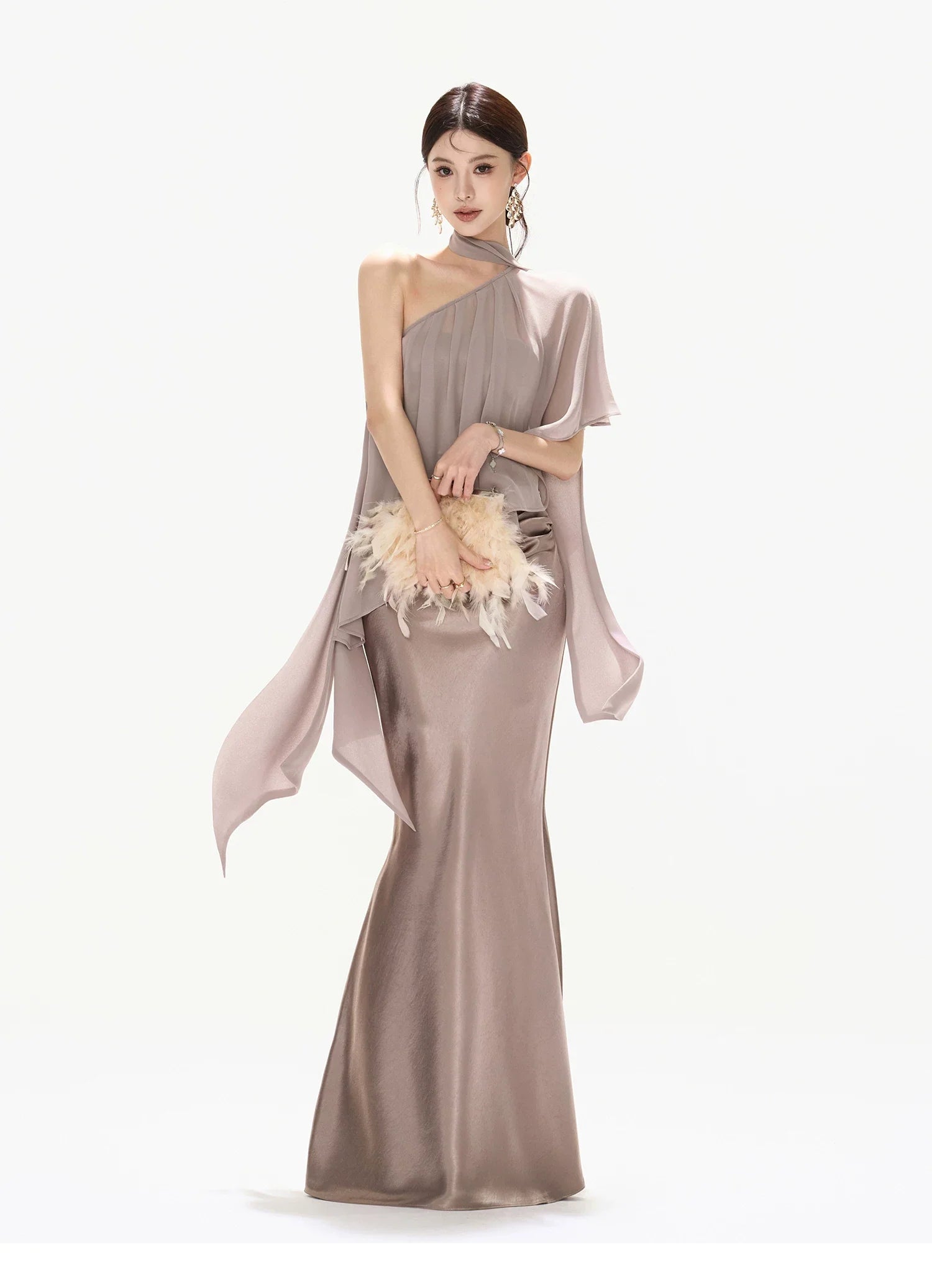 Amber Glow High-Waist Fishtail Satin Skirt