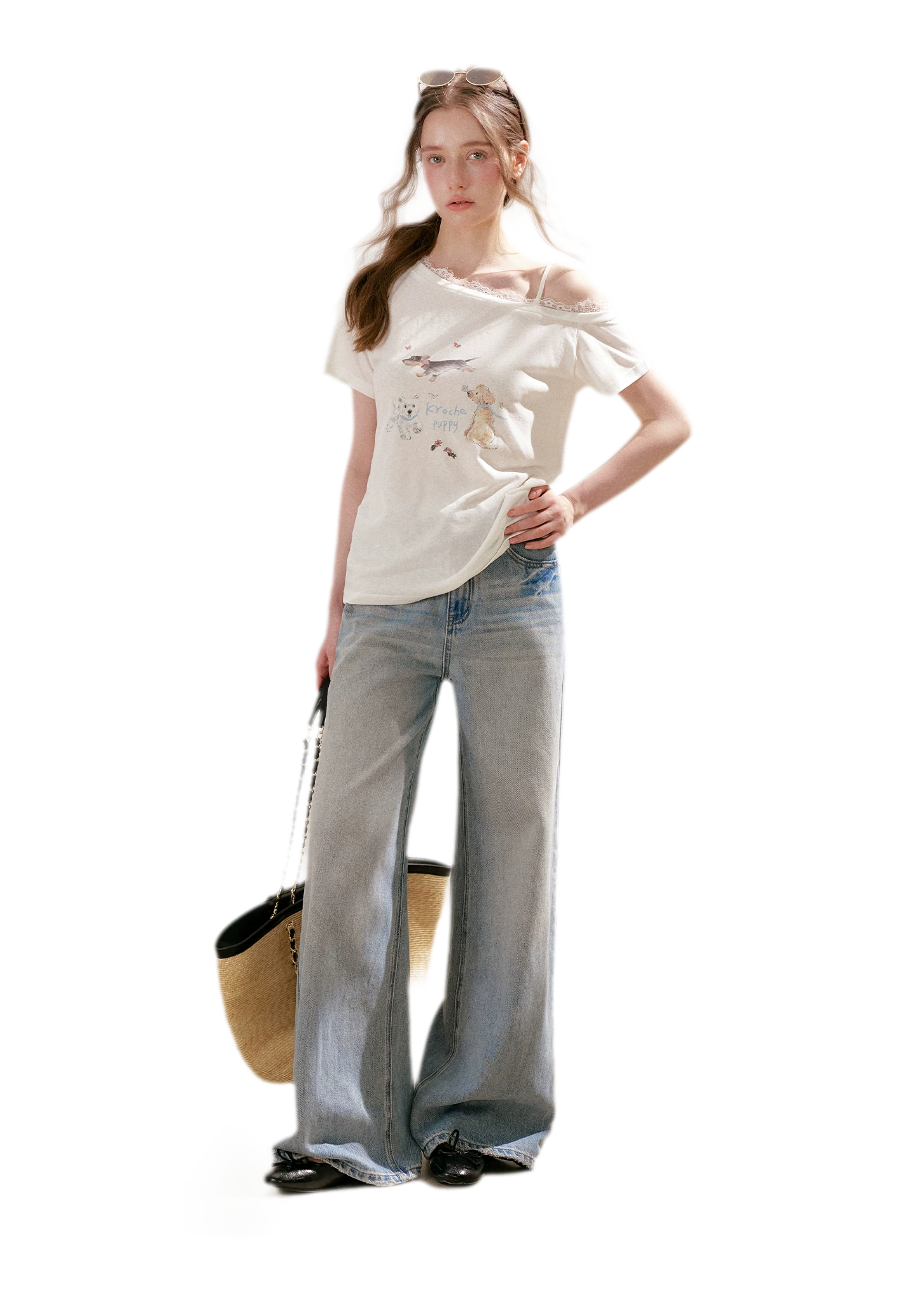 Tencel Lace Puppy Print T-Shirt