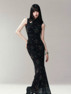 Dark Floral Mesh Qipao Dress
