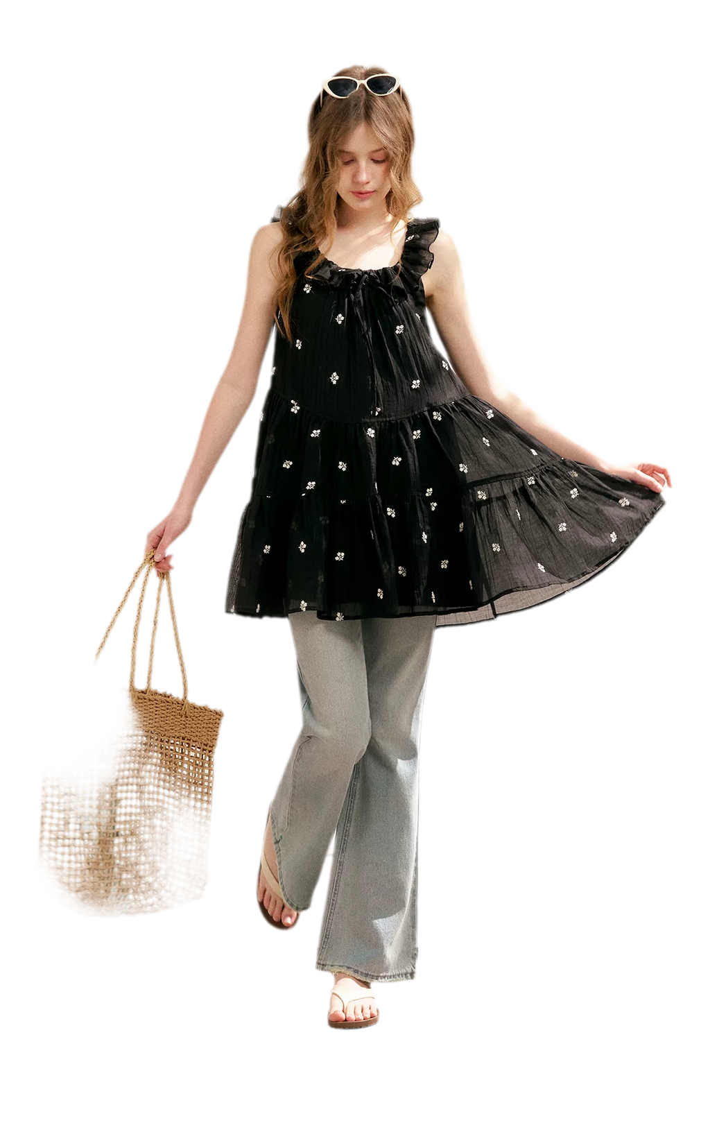 Tencel Embroidered Ruffle A-line Dress