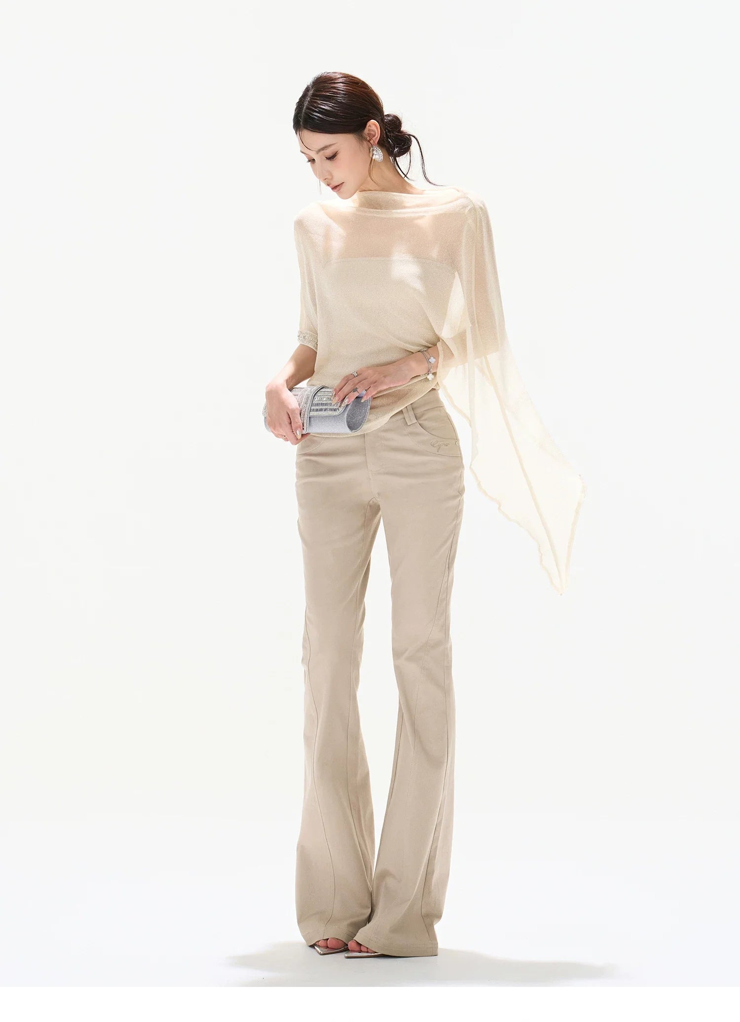 Silver Mesh Beaded Batwing Sleeve Top