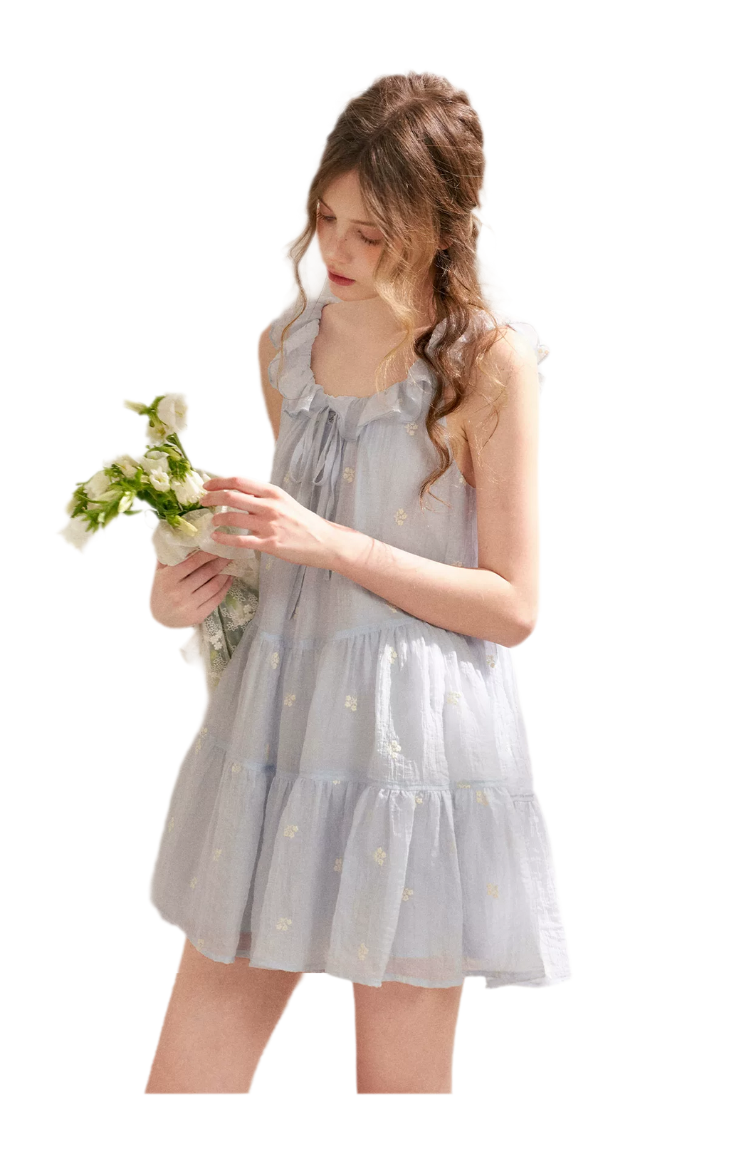 Tencel Embroidered Ruffle A-line Dress