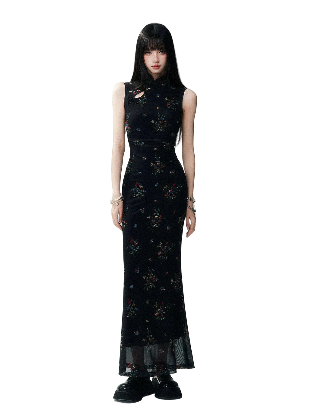 Dark Floral Mesh Qipao Dress