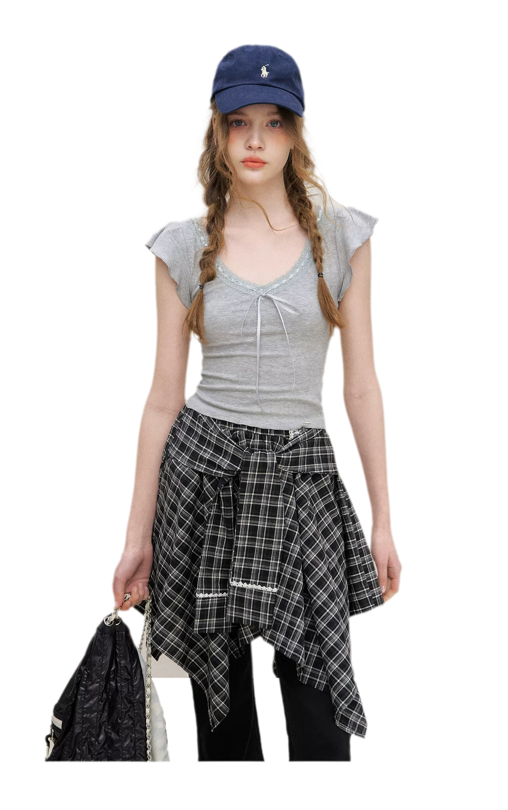 Asymmetric Lace Patchwork Plaid Skirt/Top
