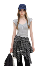 Asymmetric Lace Patchwork Plaid Skirt/Top