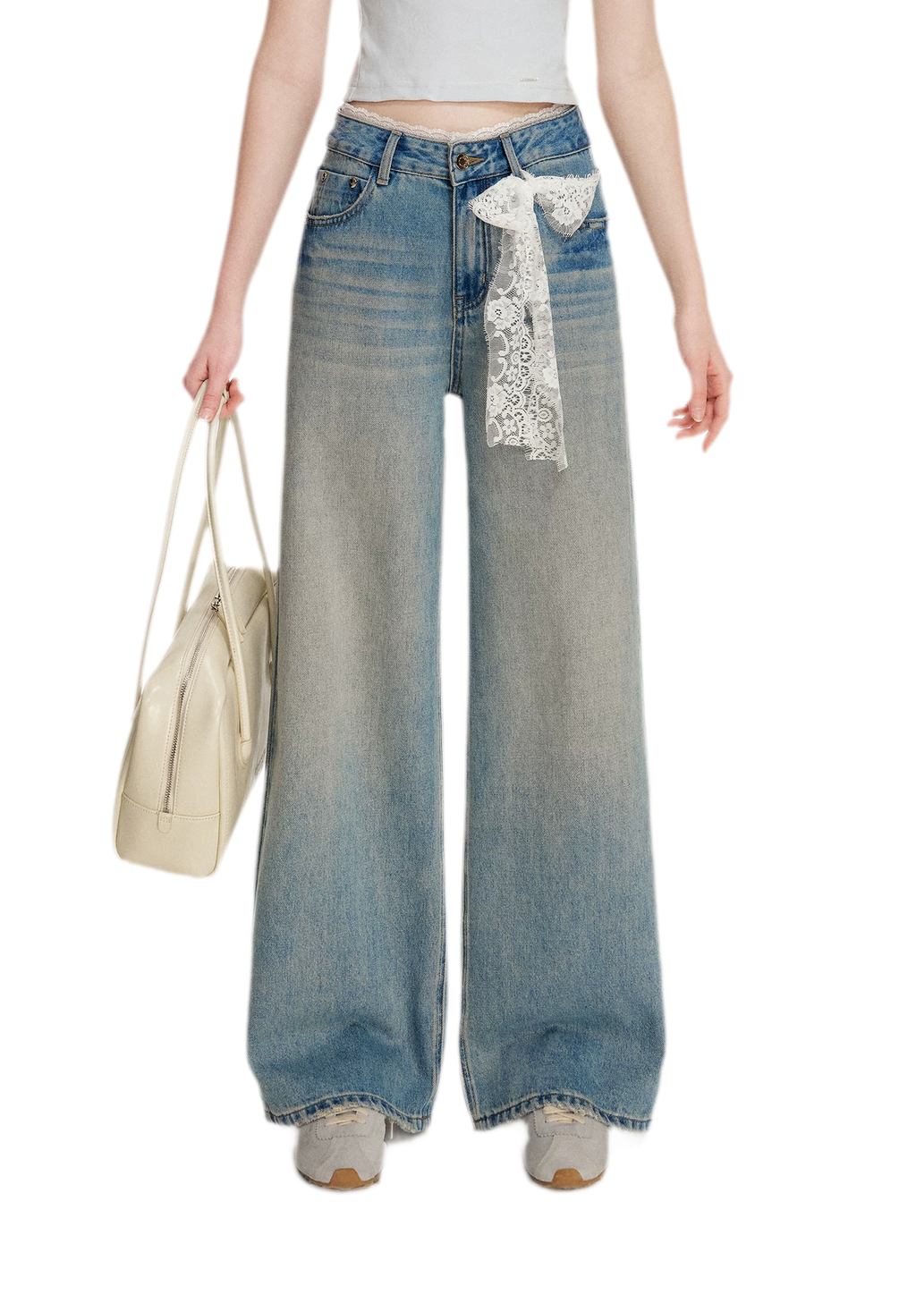 Lace-Trimmed Wide-Leg Denim Pants
