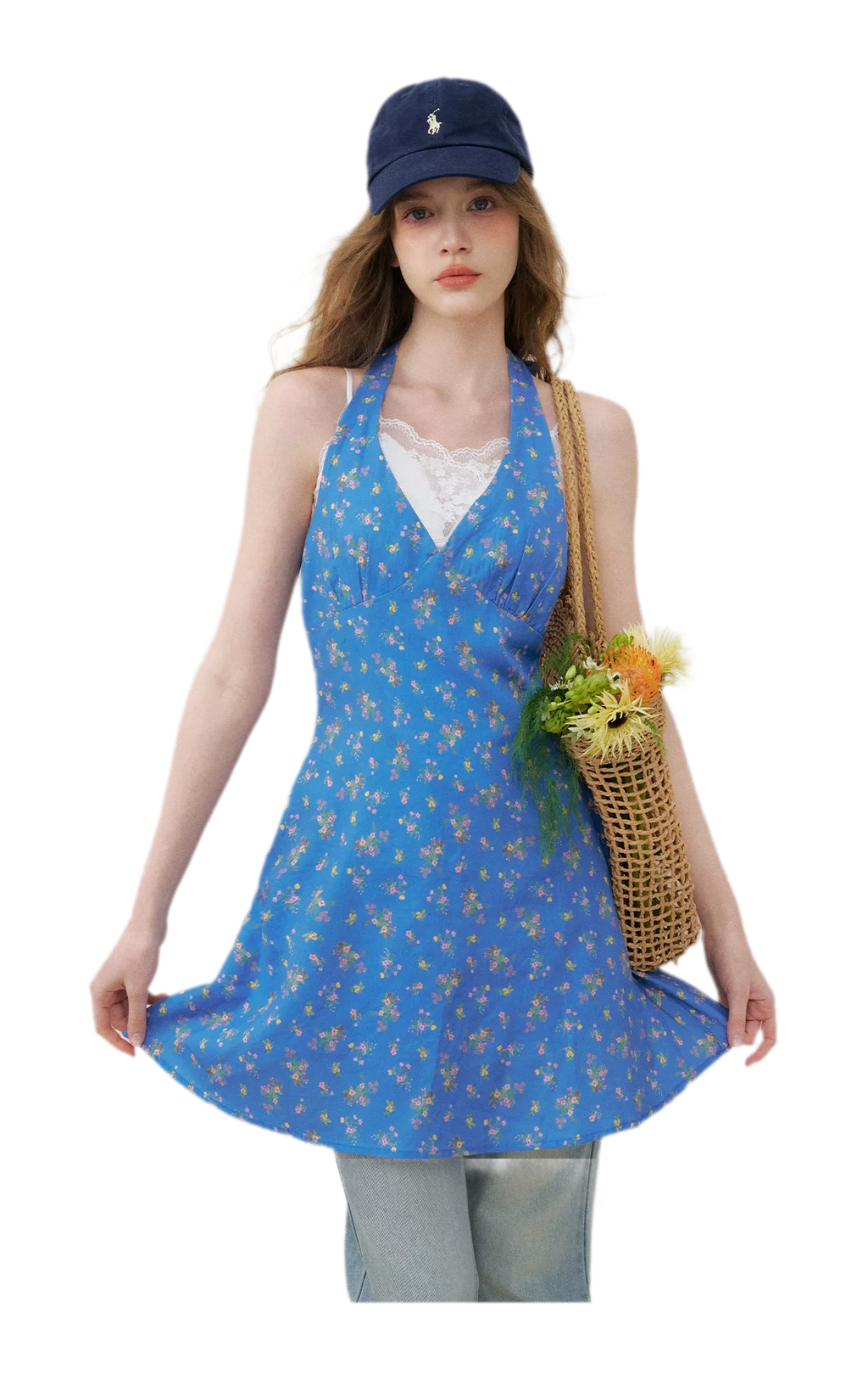 Romantic French Halter V-neck Floral Dress
