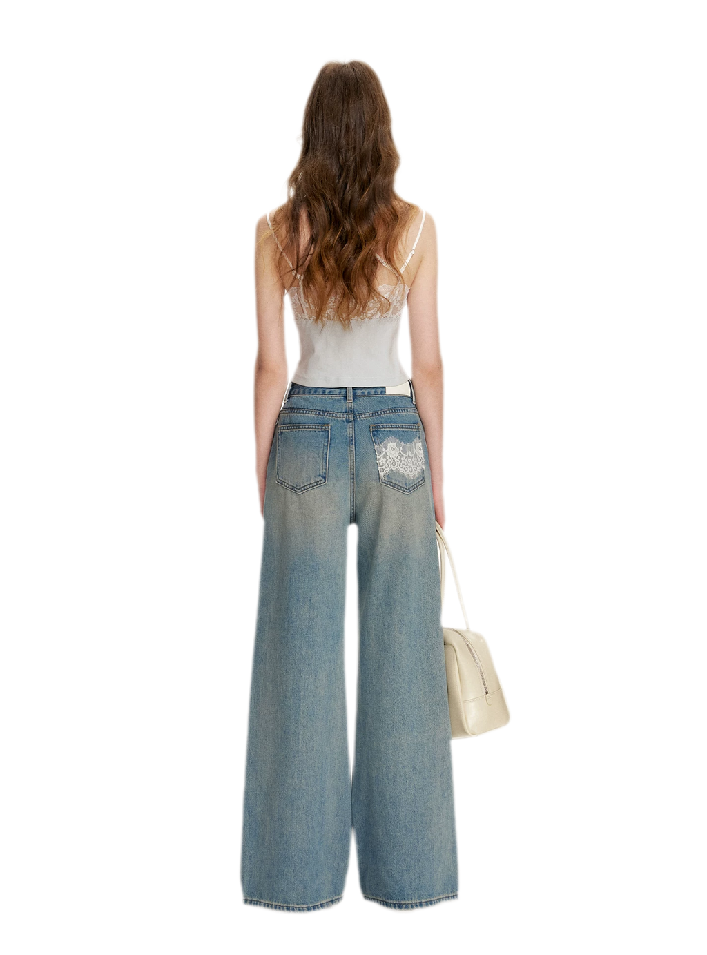 Lace-Trimmed Wide-Leg Denim Pants