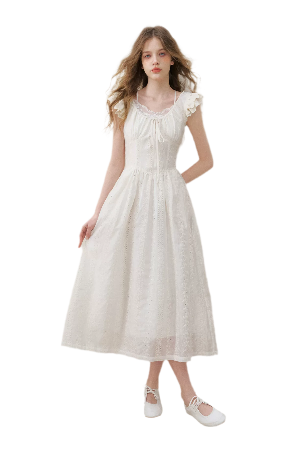 Embroidered Flutter Sleeve Dress