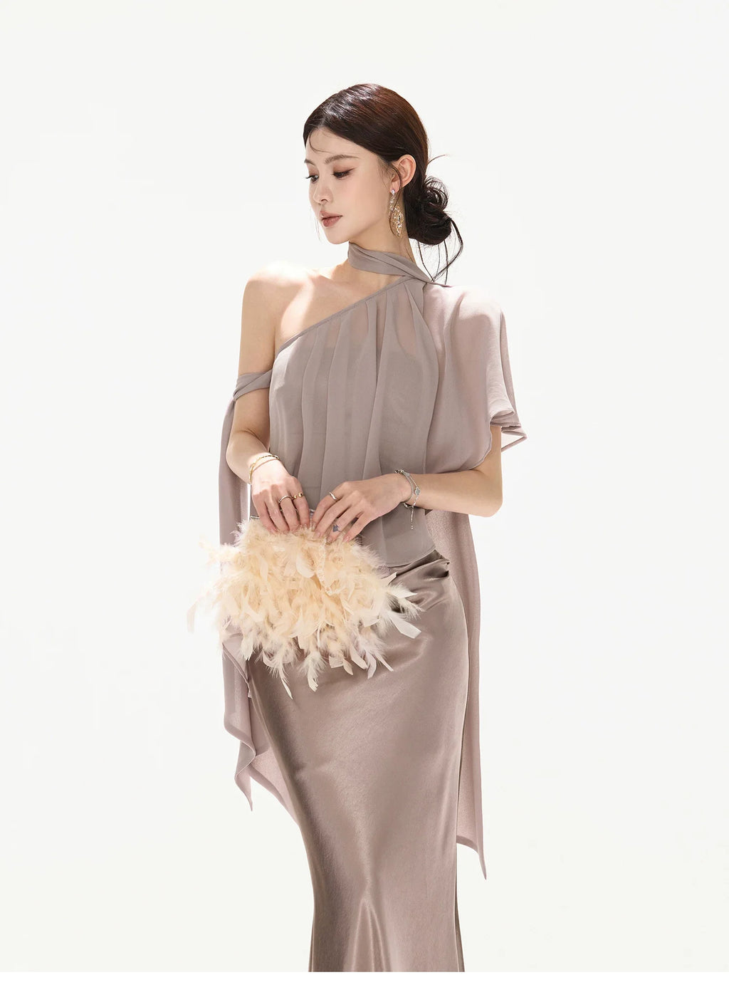 Amber Glow High-Waist Fishtail Satin Skirt